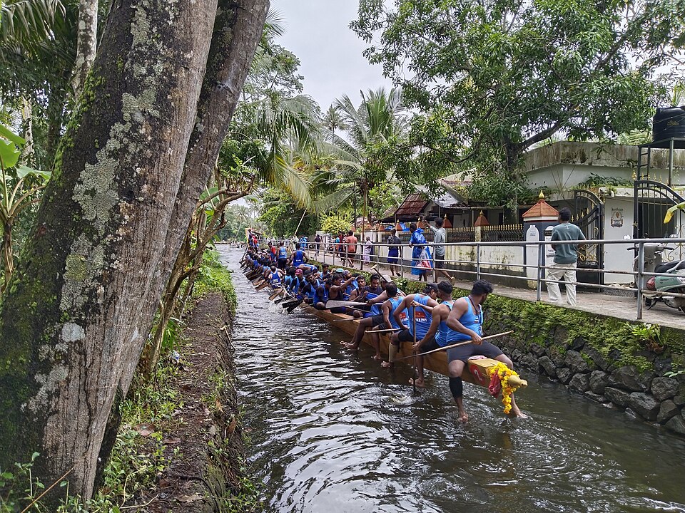 Alappadan Chundan Vallam — a Kerala snake boat from Alappuzha with its characteristic long narrow hull and dramatically raised snake-hood prow, showing the boat's formidable scale and the traditional decorative elements including the ceremonial canopy and flag arrangements that distinguish Chundan Vallam from other boat types