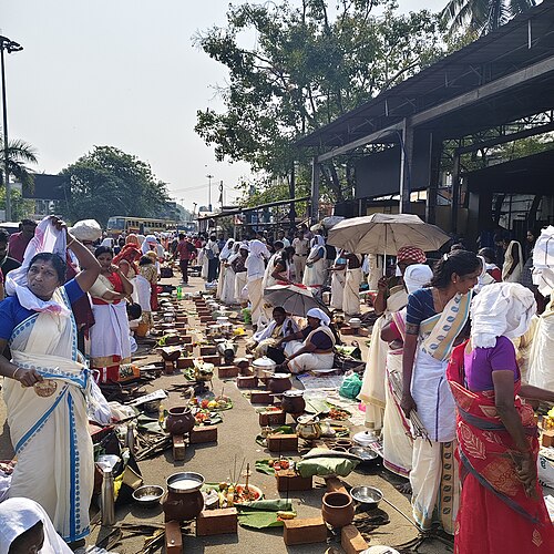 Attukal Pongala rush — women gathered in dense crowds at the Attukal Pongala festival in Thiruvananthapuram, Kerala, showing the extraordinary scale of the world's largest annual gathering of women for a religious purpose, with participants from across Kerala and internationally converging on the Attukal Bhagavathy Temple area