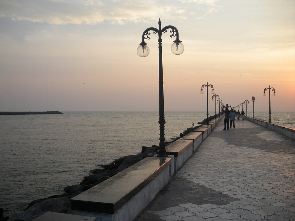 Beypore Pulimootu — the massive stone breakwater pier extending approximately 1 to 2 kilometres into the Arabian Sea at Beypore beach, Kozhikode, an indigenous harbour engineering structure built to prevent sediment accumulation in the Chaliyar River ship channel and maintain the water depth necessary for large Uru vessels to navigate safely into and out of Beypore port
