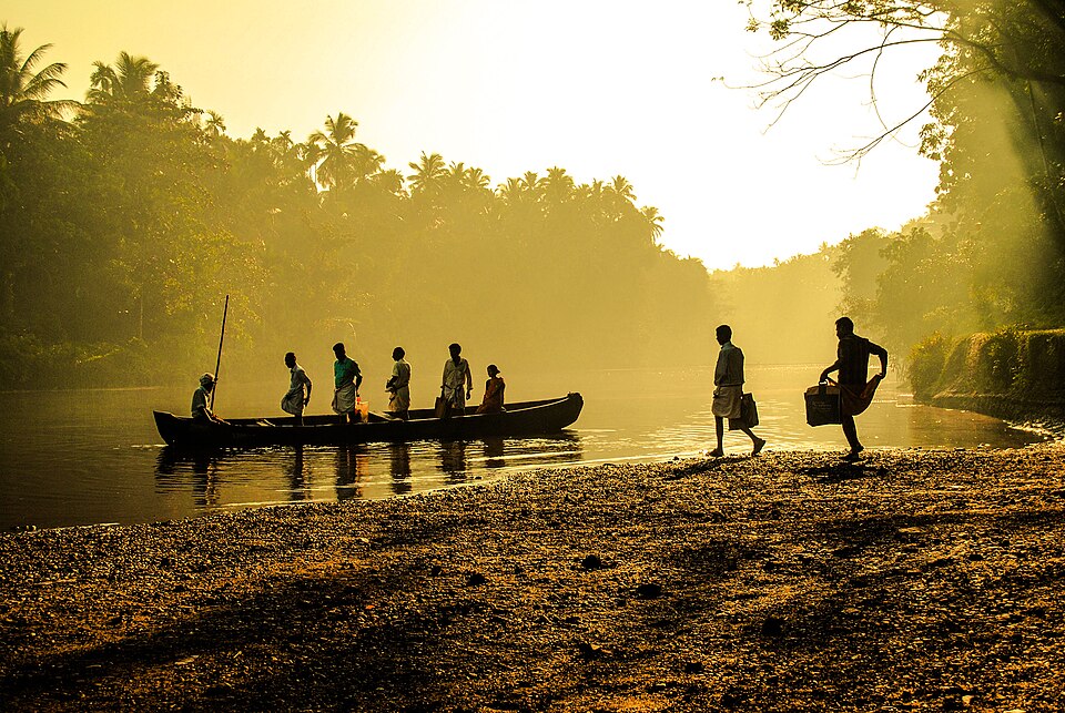 A country boat journey on a Kerala river in the morning mist — the backwater and river culture that generated Kerala's most profound proverbs about experience, depth, risk, and the wisdom of those who entered the water
