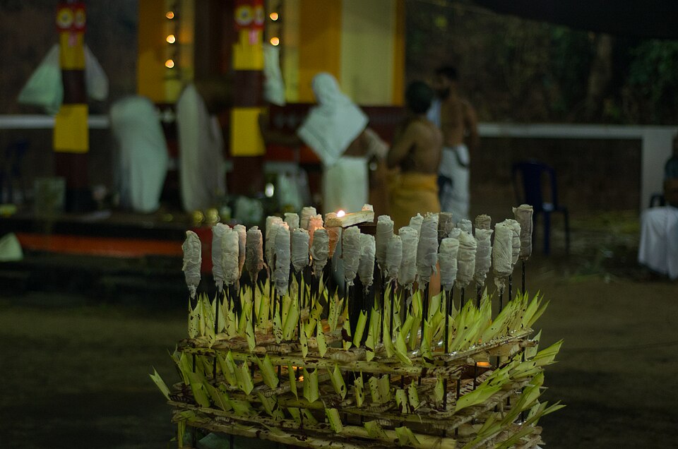Chemmarathi Thara — the specially constructed sacred structure central to Kathivanoor Veeran Theyyam, built from banana stems, multi-coloured dyes and sticks with fire, divided into exactly 64 cells representing the 64 pieces into which Mandappan Chekavar's body was dismembered by the Kodagu fighters, and named after his wife Chemmarathi who leapt into his funeral pyre