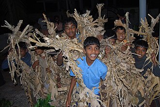 Children playing Chozhi — the traditional Kerala shell-spinning game — a pastime that requires no manufactured equipment but considerable technique, teaching children physics through play and belonging to a class of Kerala folk games designed for unsupervised childhood discovery