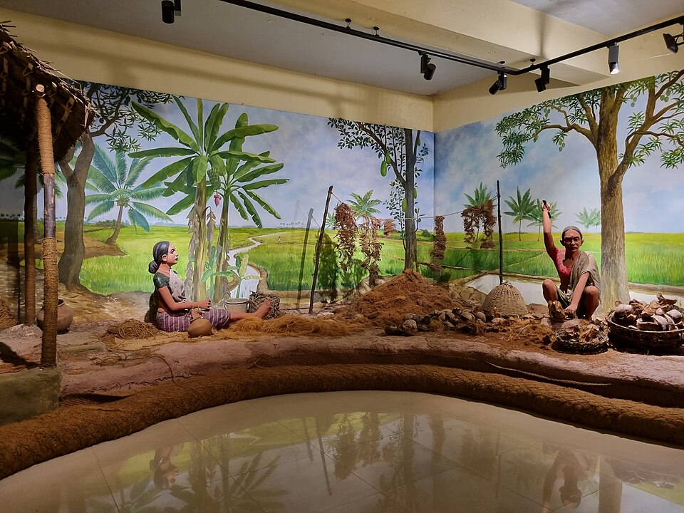 Coir artworks at the International Coir Museum, Alappuzha — a second gallery view of the museum's extensive coir art collection, showing the breadth of decorative and artistic applications for coir fibre from traditional weaving patterns to contemporary design objects, all on display at the world's only coir museum managed by the Coir Board of India at Kalavoor