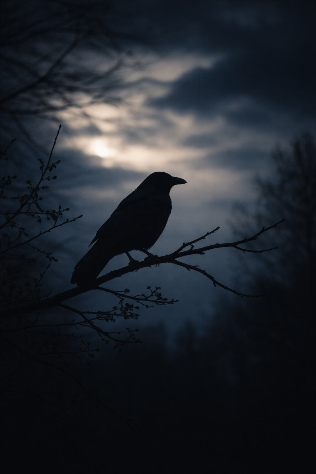 Silhouette of a crow against an evening sky symbolising death omens and symbolic fear in world folklore traditions