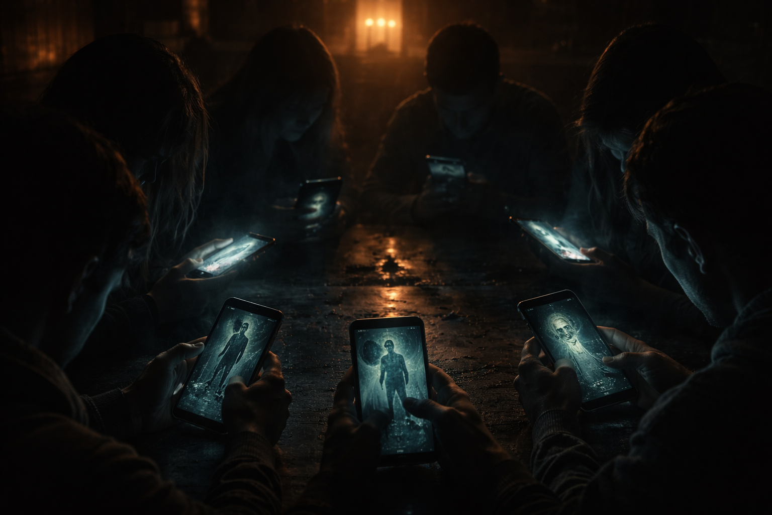 Digital Campfire with Ghostly Smartphone Reflections