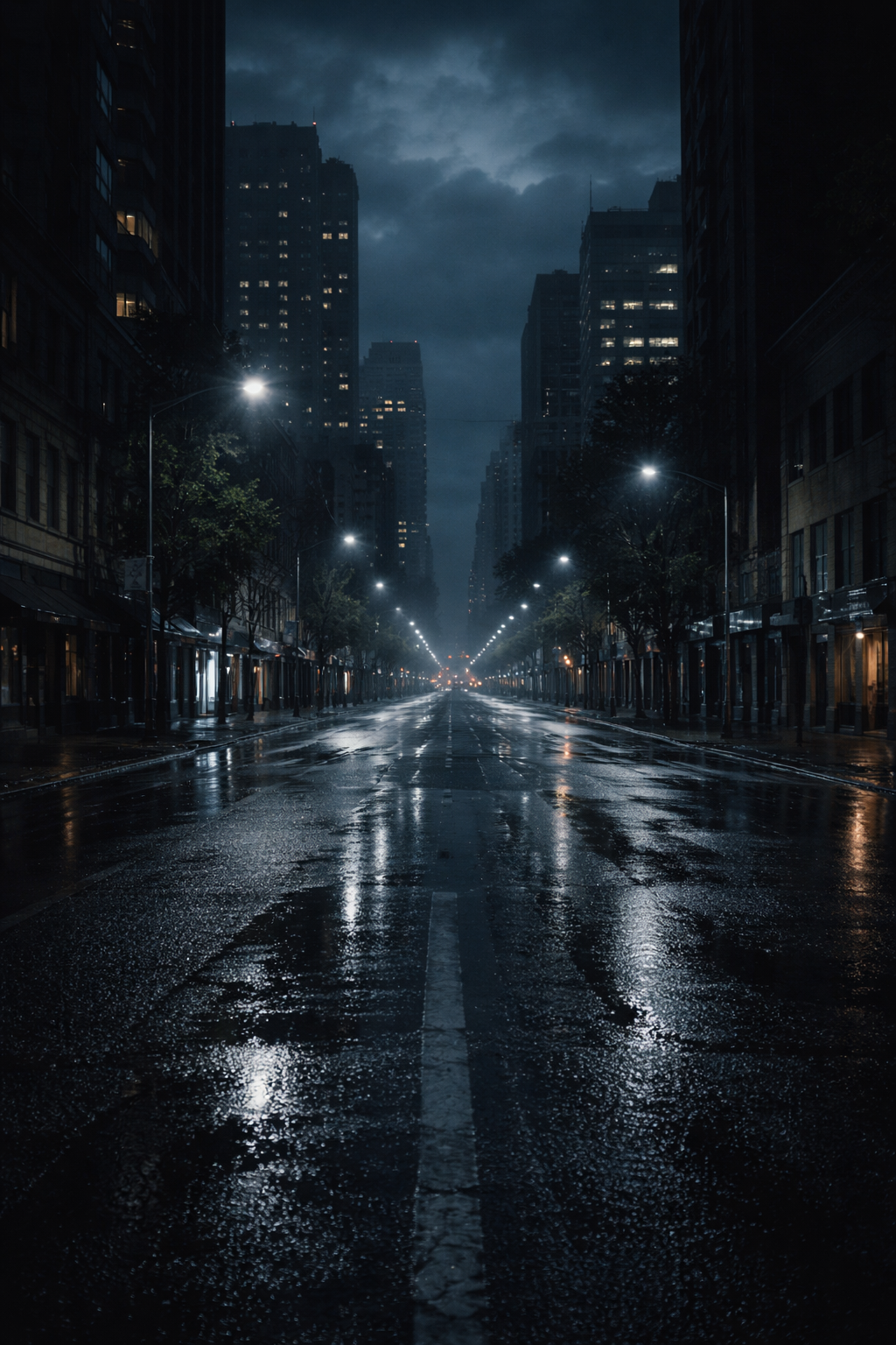Empty city street after rain at night, reflecting urban anonymity and modern fear in global folklore and urban legends