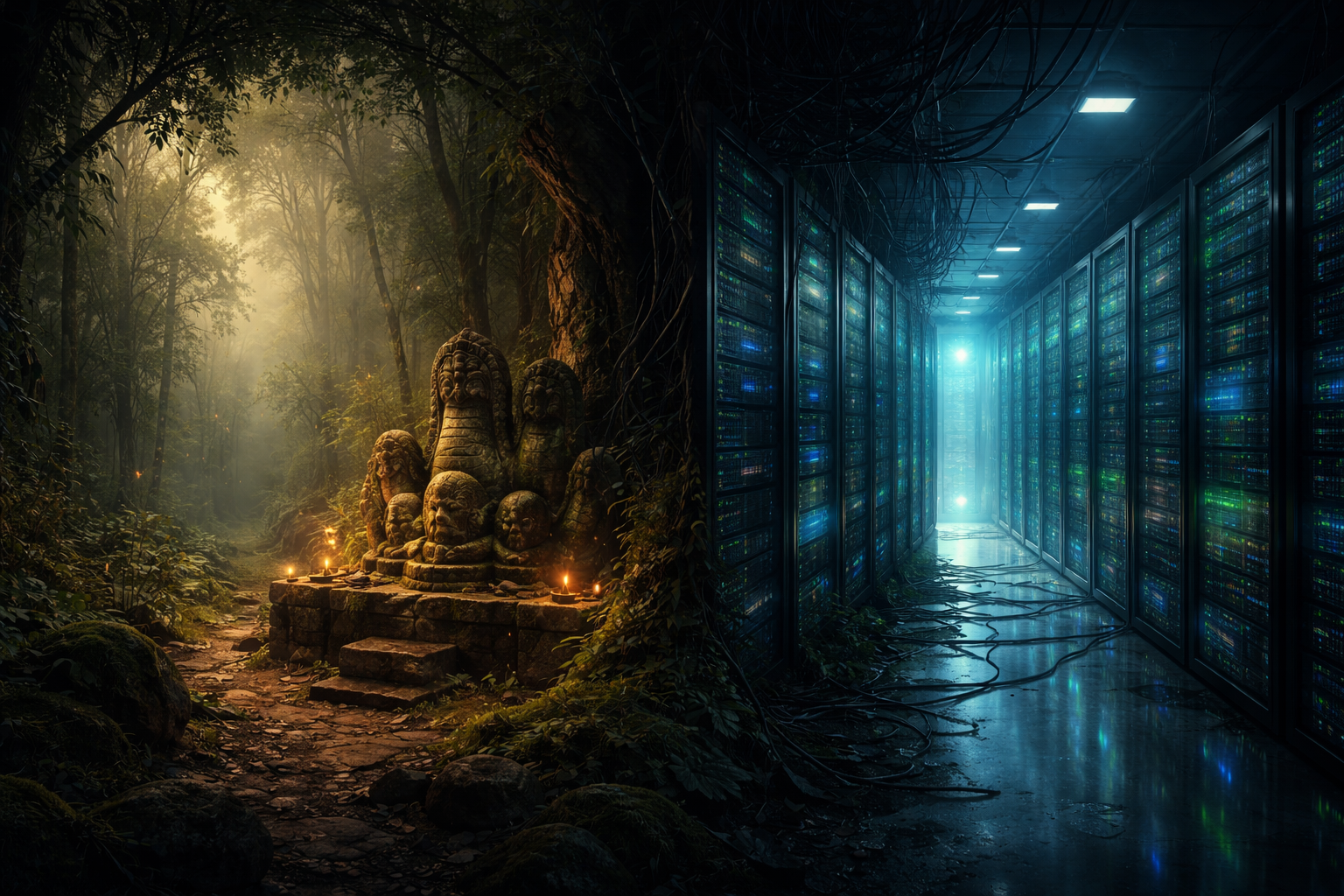 Kerala Kaavu sacred grove transitioning into a digital server room representing folklore evolving into digital horror