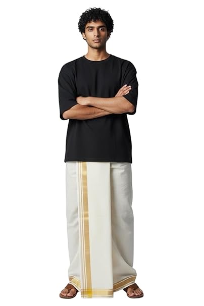 Kerala traditional Kasavu Mundu for men — the white Mundu and Veshti required as dress code at all four Nalambalam temples for Nalampaladarshanam pilgrimage