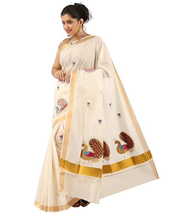 Traditional Kerala Kasavu saree — handwoven gold-bordered white cotton saree for Onam and cultural celebrations, available on Amazon