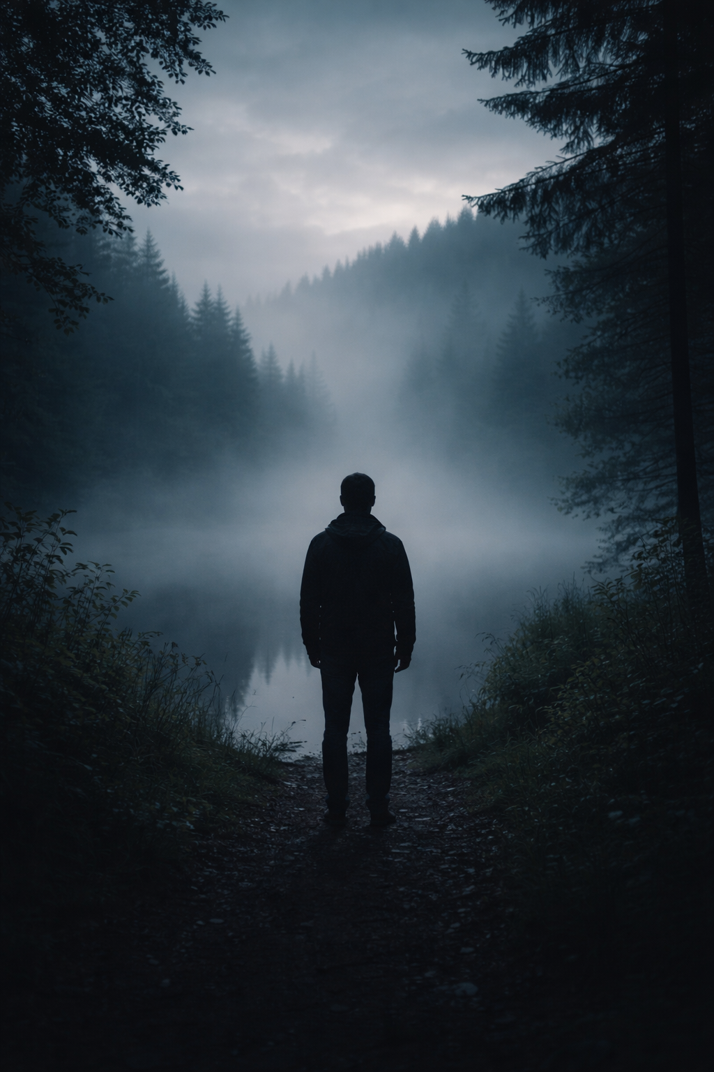 Solitary human figure facing a mist-covered forest landscape symbolising liminality, memory, and cultural fear in folklore