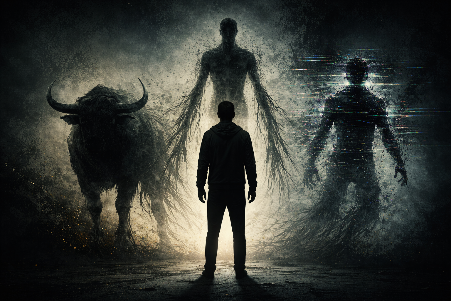 Silhouetted man confronting three monstrous forms (Odiyan, Slenderman, digital glitch entity)